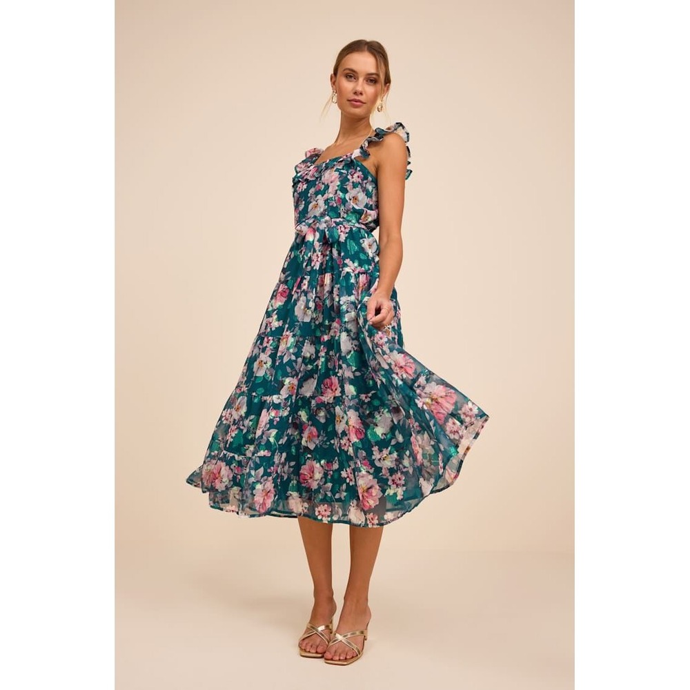 Lulus Shela Teal Floral Jacquard Tiered Midi Dress Large New